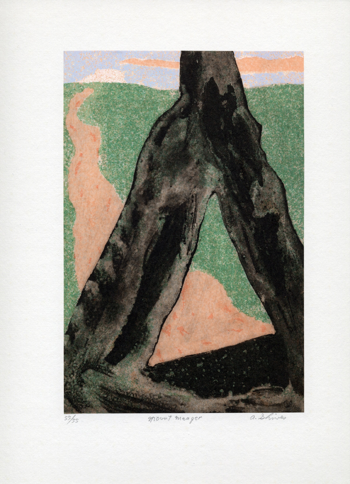 Arnold Shives, Mount Meagre, Mountain Journal Suite, 2003. Triangular shape in black against grass and a brown pathway.