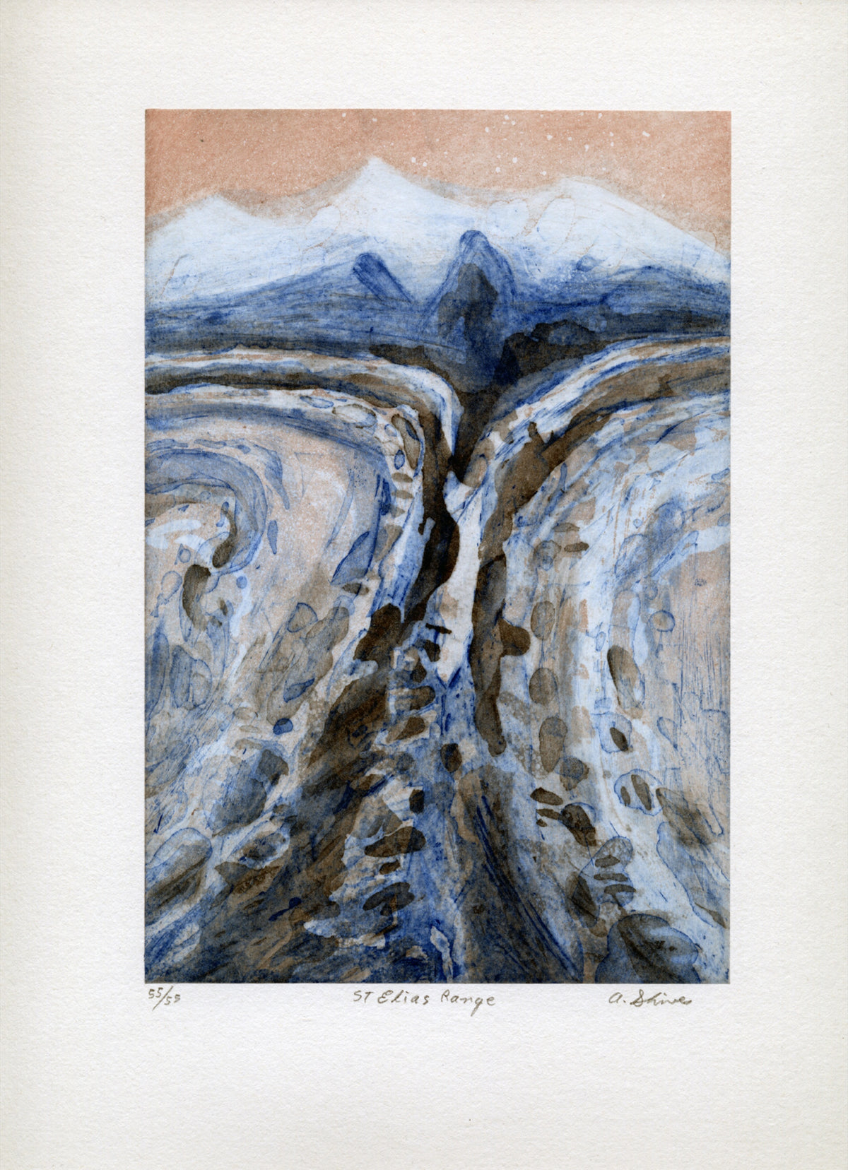 Arnold Shives, St. Elias Mountains, Mountain Journal Suite, 2003. An abstract depiction of mountain ranges in blue and reddish brown.