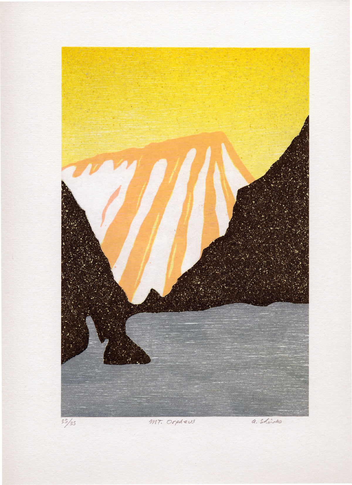 Arnold Shives, Mount Orpheus, Mountain Journal Suite, 2003. Mountainside by a body of water against a yellow and orange sky.