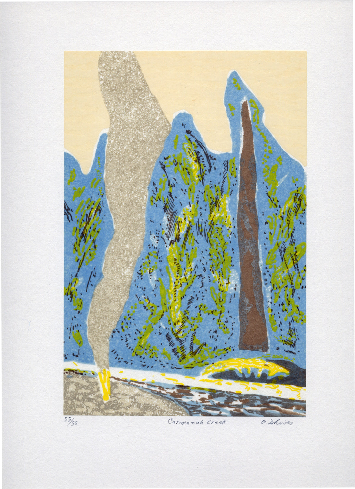 Arnold Shives, Carmanah Creek, Mountain Journal Suite, 2003. Mountain ranges rendered in blue, yellow, and grey.