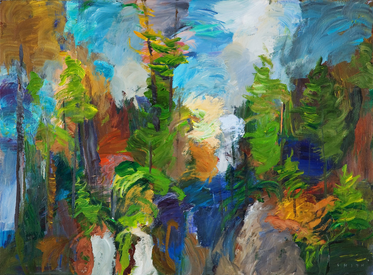 Gordon Smith, North Shore Rain Forest, 1989-1994. Abstract painting of a forest in a colourful palette (green, blue, orange, white).