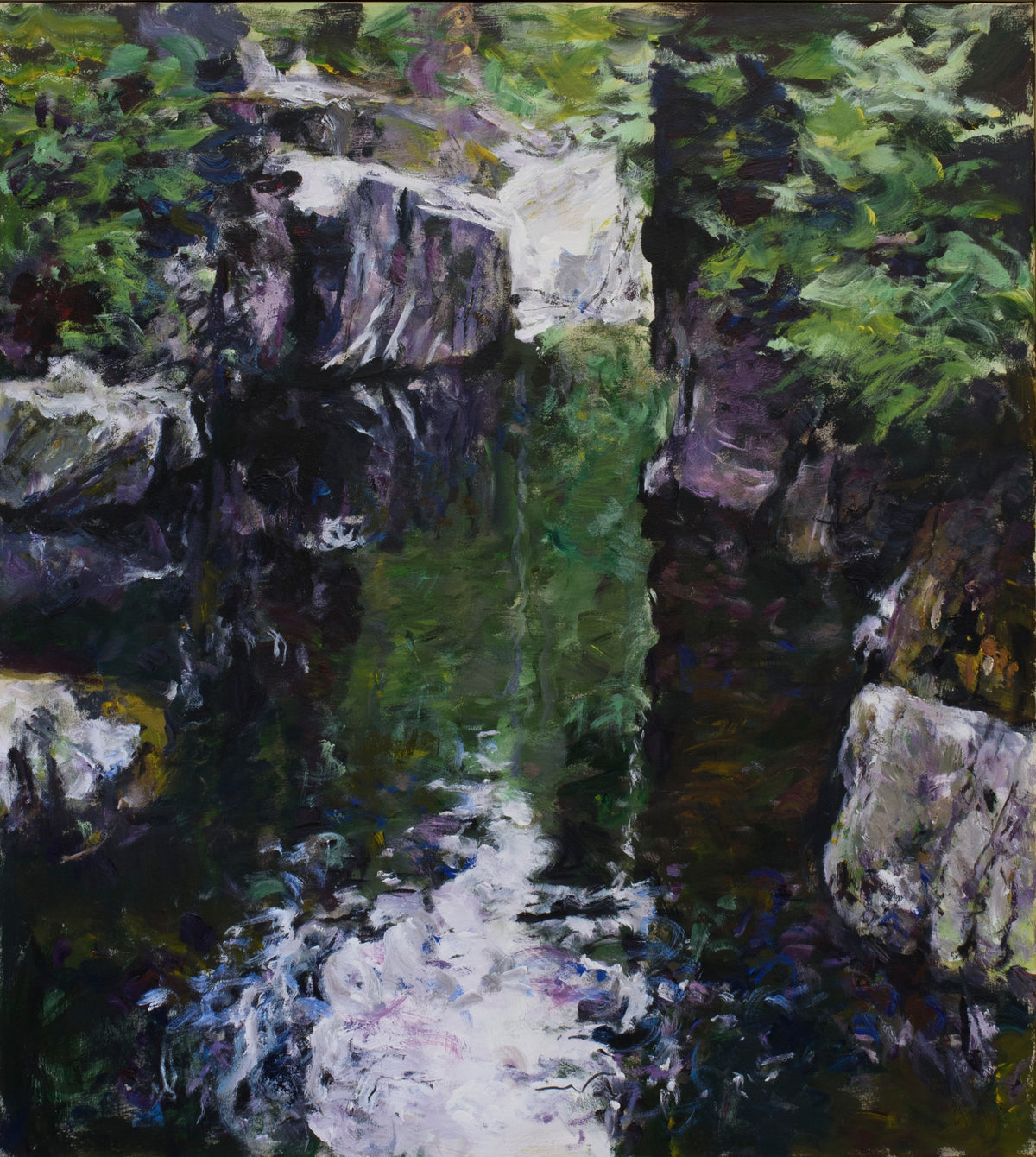 Gordon Smith, The Capilano, 2000. Landscape of a waterfall featuring greenery and rocks.