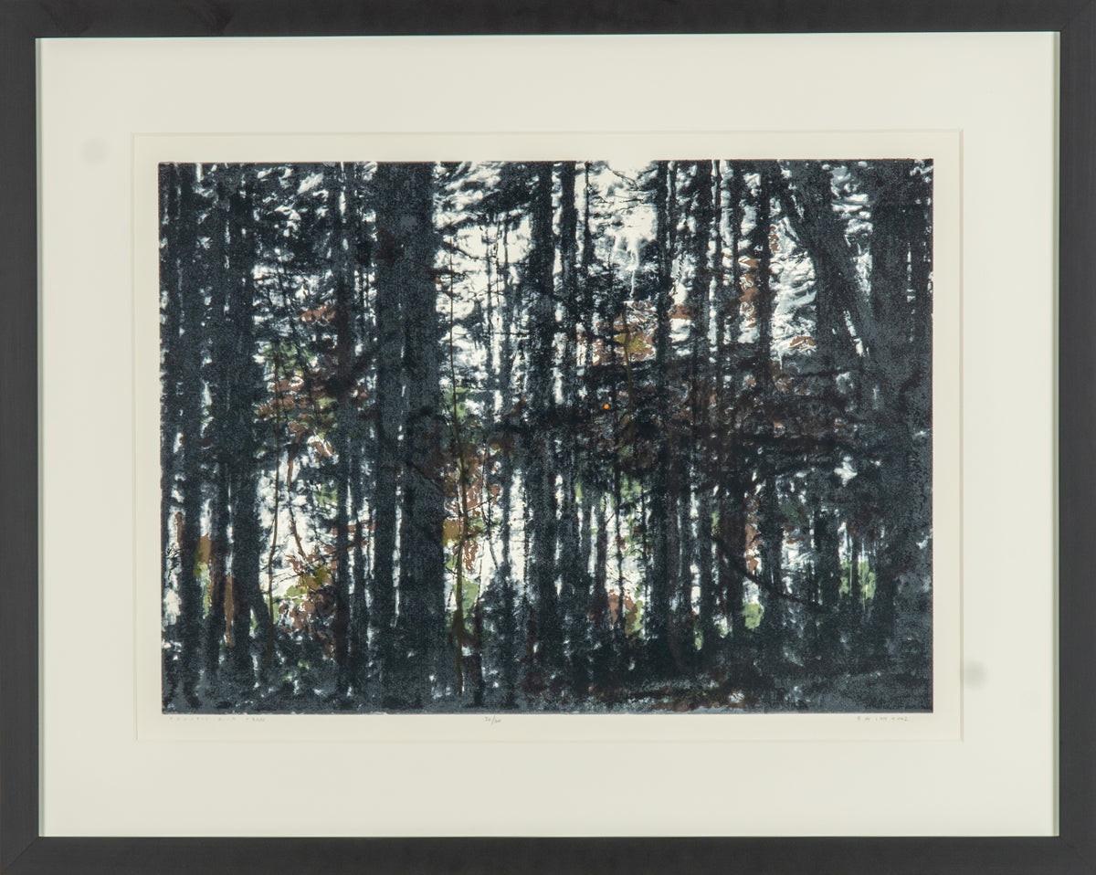 Gordon Smith, Pacific Rim Trees, 2002. Greenery of various colours (green, brown, black) against a white background.