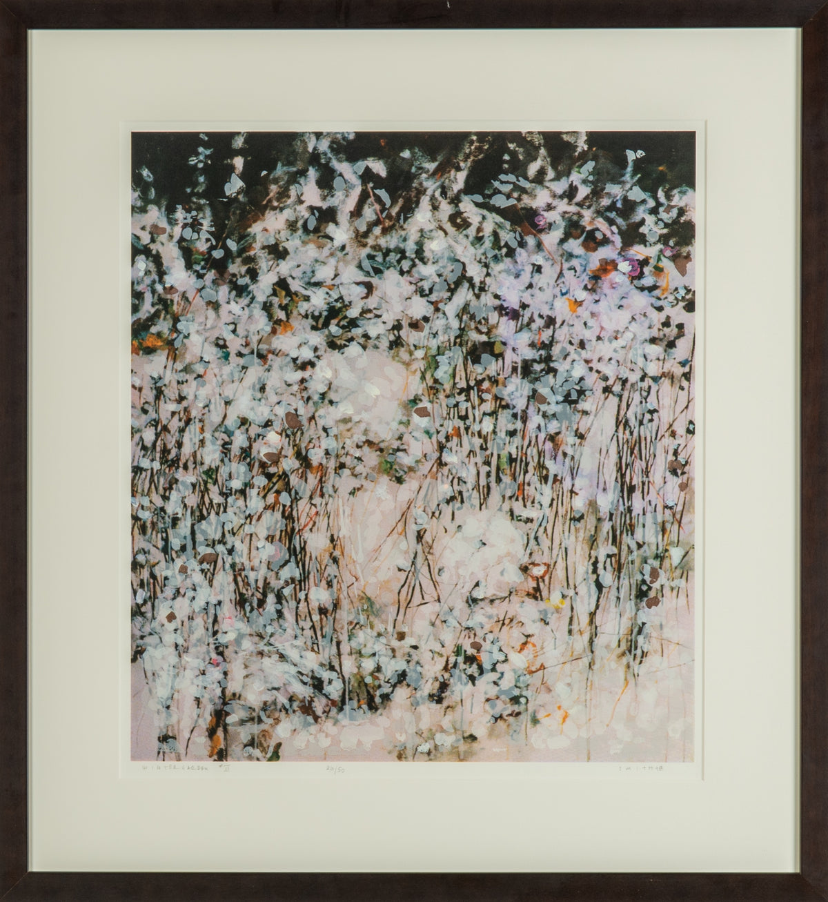 Gordon Smith, Winter Garden II, 1999. Snow-covered greenery against a black background.