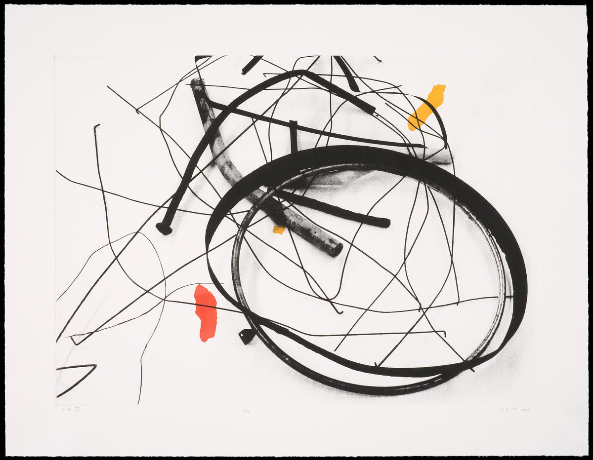 Gordon Smith, LG III, 2006. Abstract circle with lines and occasional pops of colour (red and yellow) against a white background.