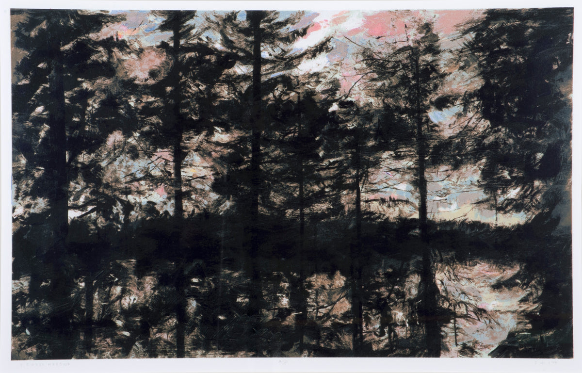 Gordon Smith, Pender Harbour, 2006. Trees rendered in black, reflecting on the body water, against a pink sky.