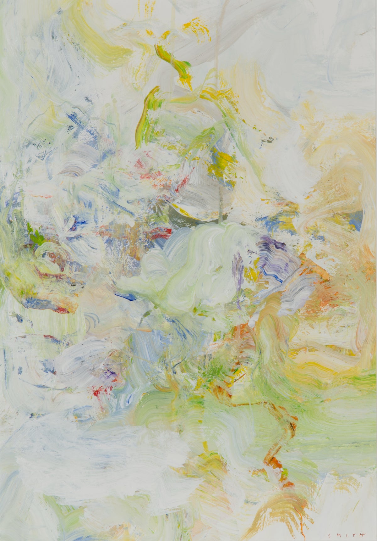 Gordon Smith, Untitled (66), 2014. Abstract multicoloured (yellow and green) splashes against a white background.