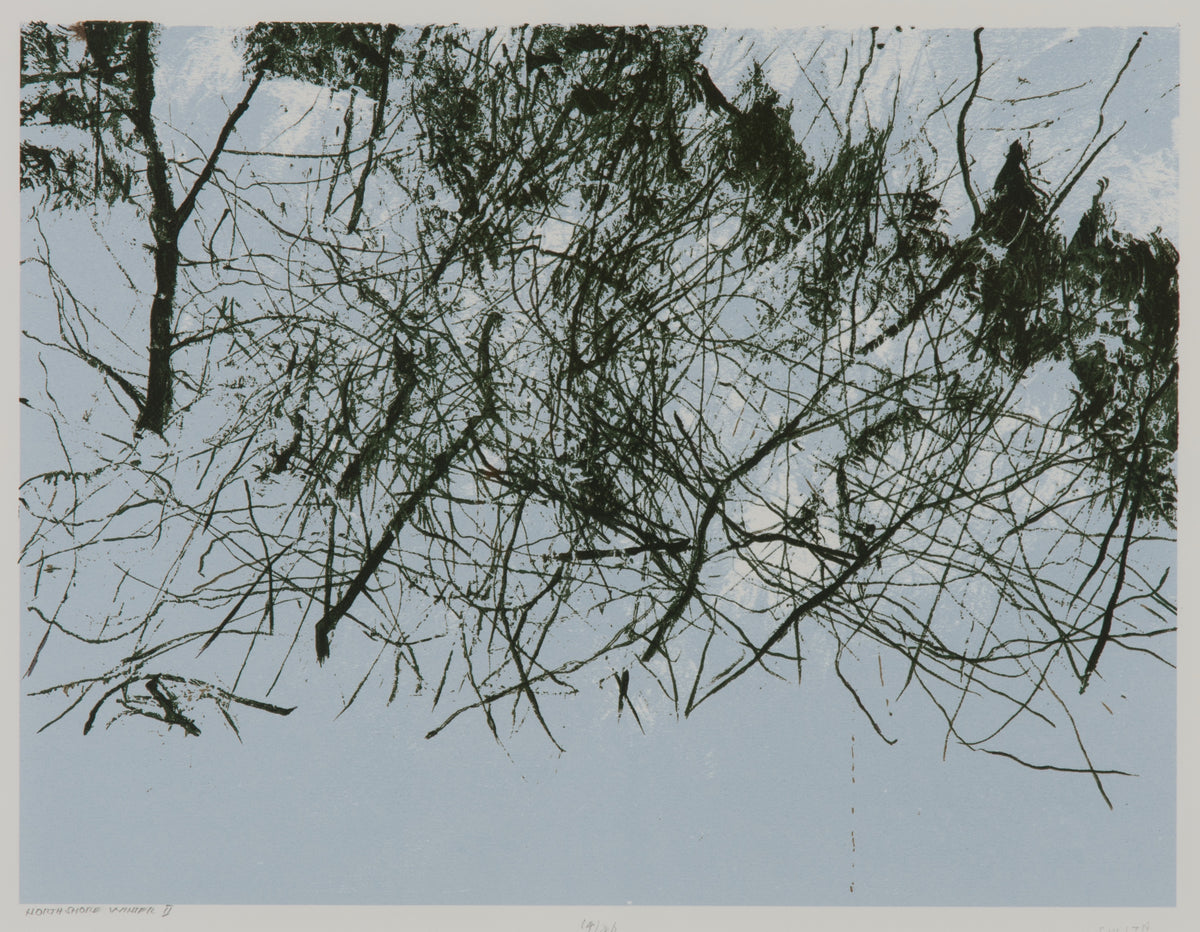 Gordon Smith, North Shore Winter II, N/A. Black tree branches against a snow backdrop.