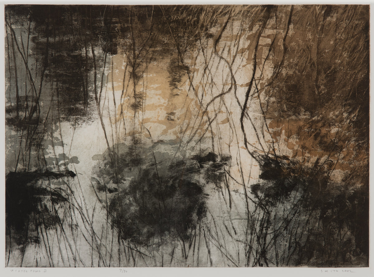 Gordon Smith, Winter Pond II, 2002. Reflection of trees and other greenery on a pond in a muted colour scheme (black, white, grey, and sierra).