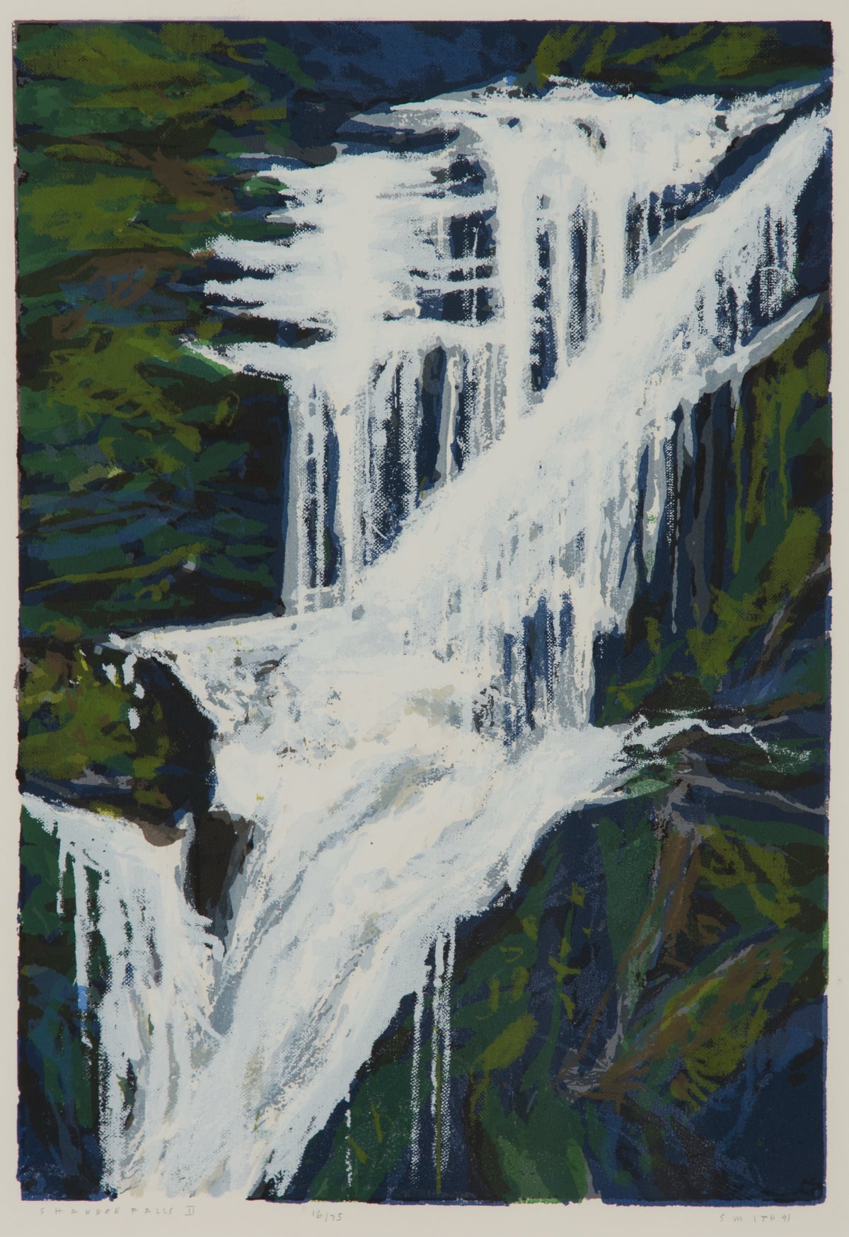 Gordon Smith, Shannon Falls II, 1991. White waterfall against green background representing greenery.