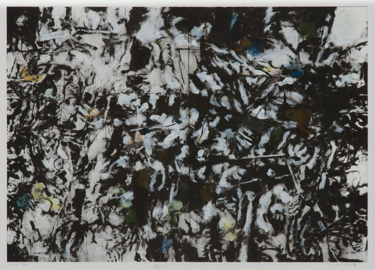 Gordon Smith, Winter, 1997. White abstract shapes against black background with light pops of colour (yellow, orange, blue, green).