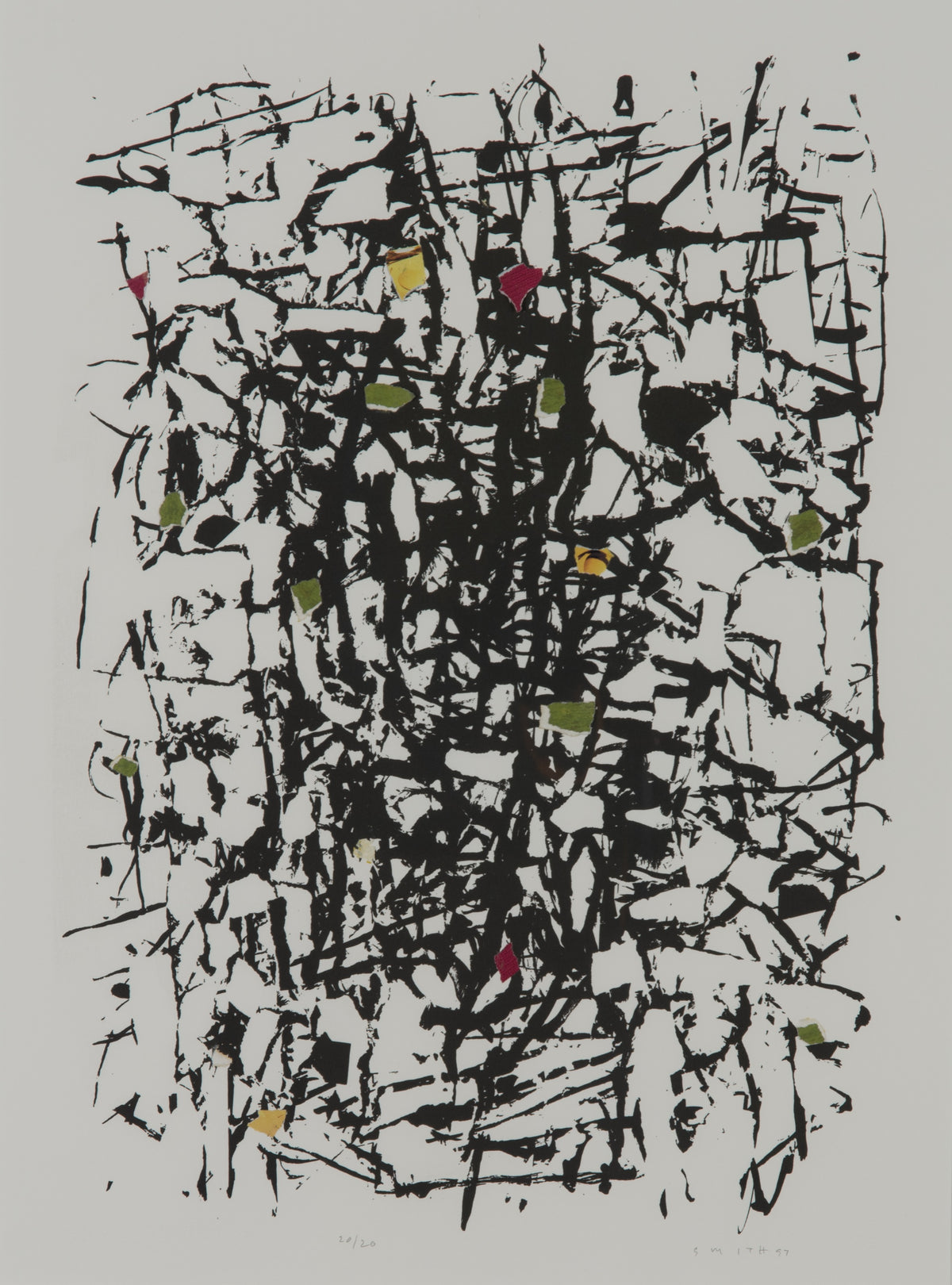 Gordon Smith, Untitled, 1997. Abstract interconnecting lines against a white background with occasional pops of colour (red, yellow, green).