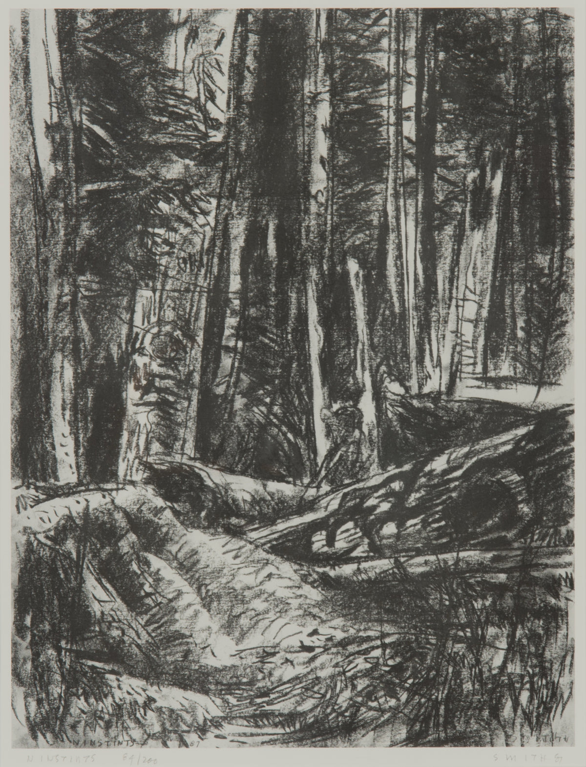 Gordon Smith, Ninstints, 1987. Black and white drawing of the forest.