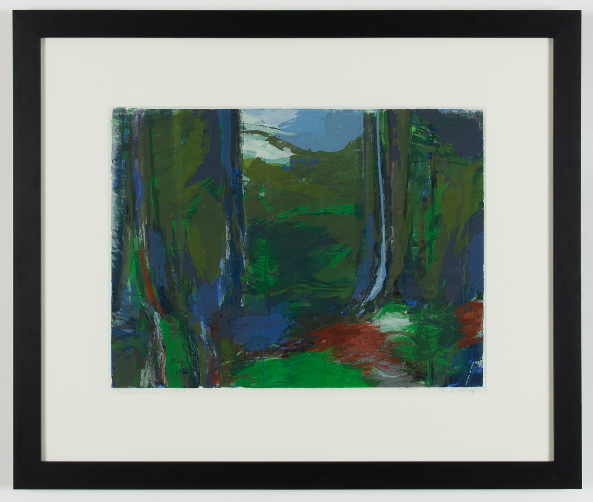 Gordon Smith, Forest Skedans, 1988. Abstract image of a forest done through multicoloured splashes.