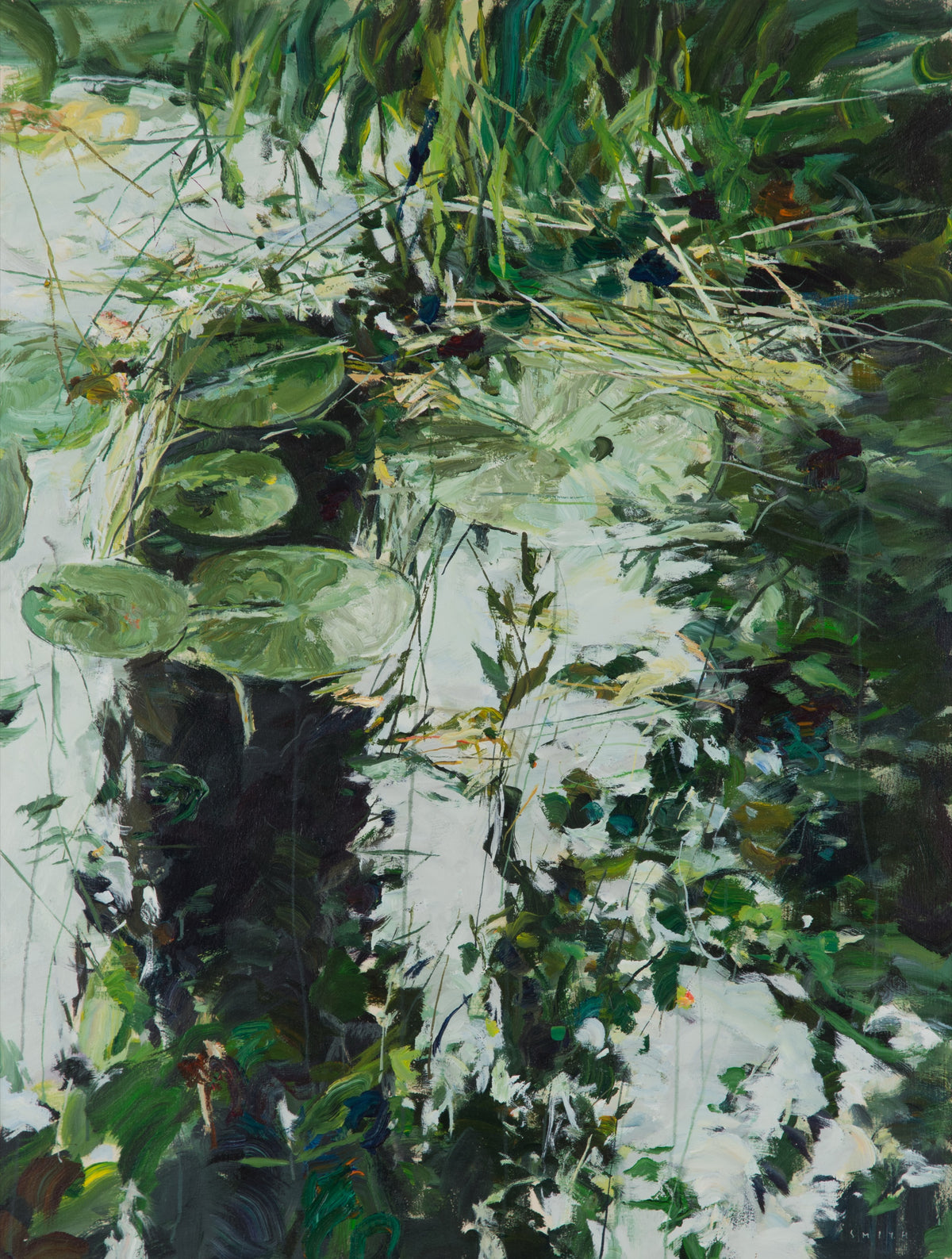 Gordon Smith, Pond Painting K, 1996. Lily pads and other greenery on the pond water.
