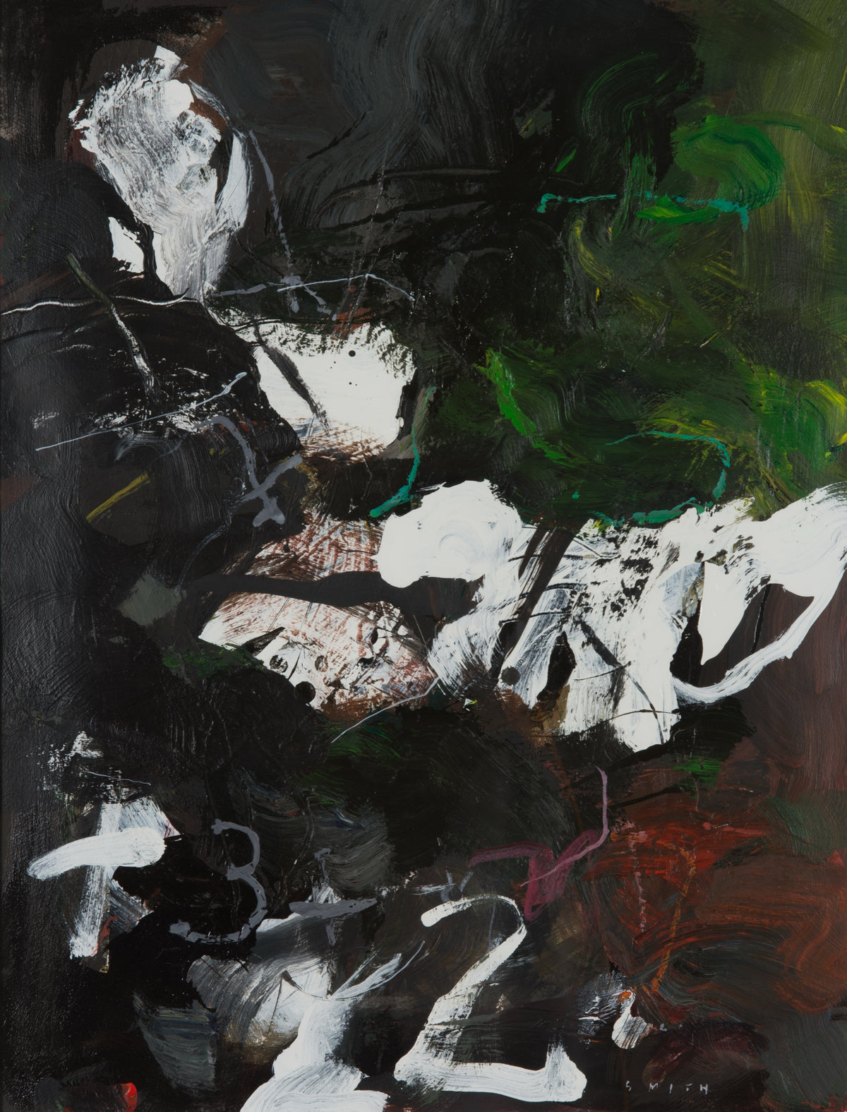 Gordon Smith, Untitled [Abstract], N/A. White splashes against a dark background consisting of red, green, and black.