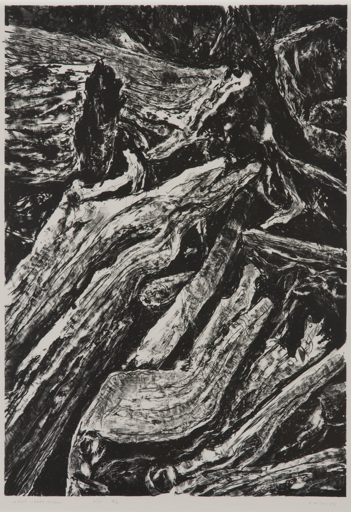 Gordon Smith, West Coast Beach, 1992. Black and white drawing of wooden branches against a black background.