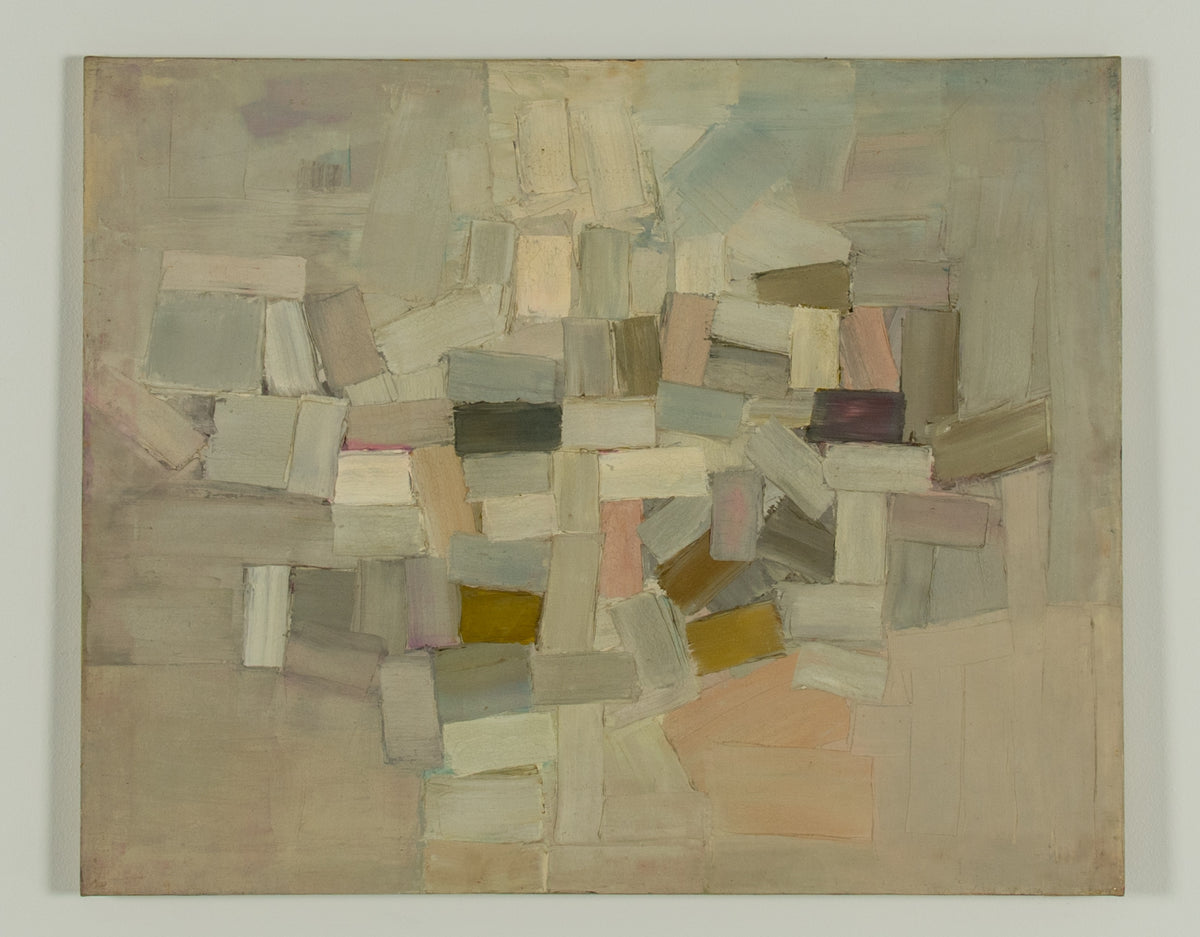 Ron Stonier, Untitled C, estimated date: 196-. Abstract shapes likely created by a palette knife in muted colour scheme (varying shades of beige and browns).