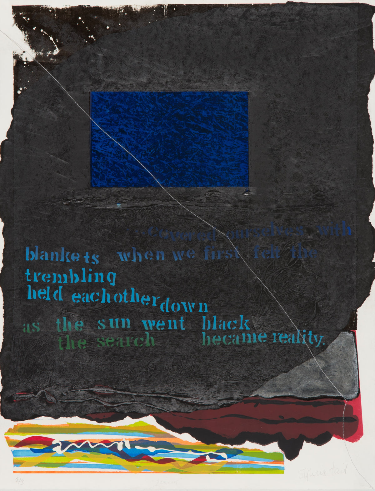 Sylvia Tait, Icarus, circa 1980s-1990s. Abstract image of a blue rectangle against a black background with text and multi-colour splashes along the bottom. View 2 of 2.