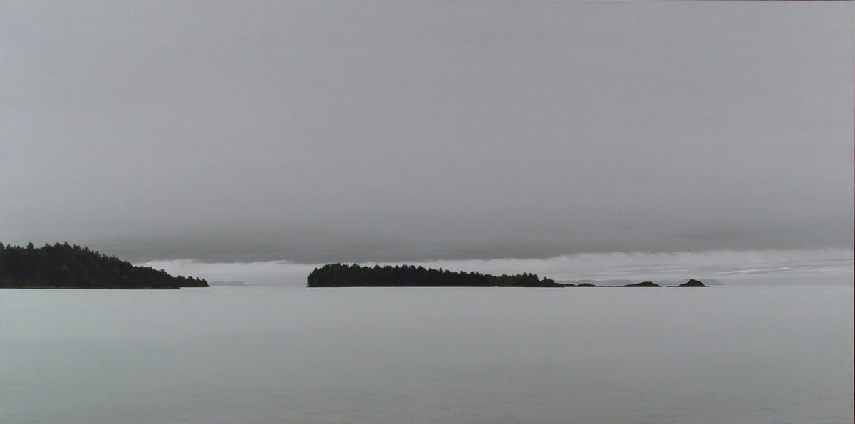 Takao Tanabe, Barkley Sound, Broken Is. II, 1992. A monochromatic grey painting of a landscape with mountains and a large body of water.