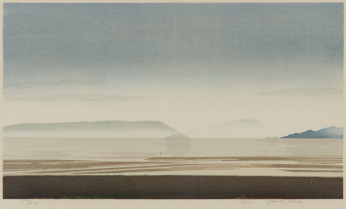 Takao Tanabe, Spanish Banks, 1988. Image of the Spanish Bank with mountains in the background on a foggy day.
