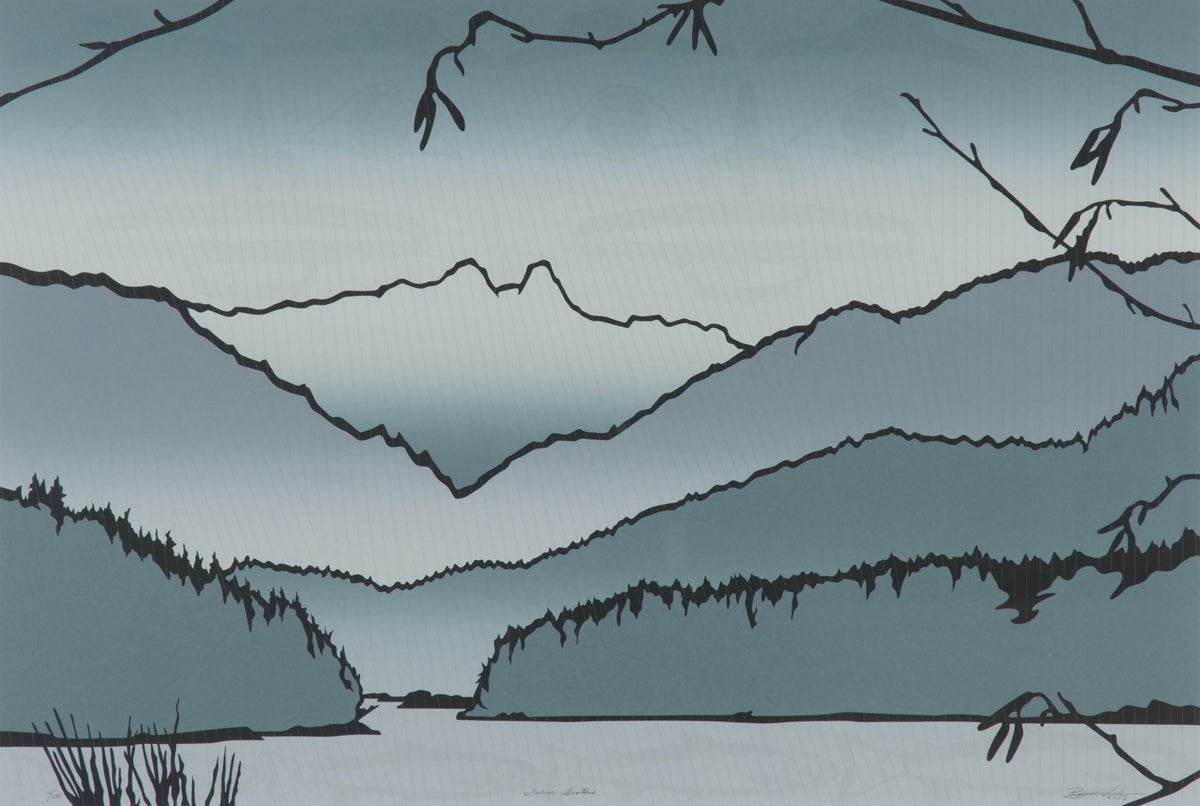 Roy Henry Vickers, Twin Sisters, 2008. Landscape drawing in a monochrome colour palette with faint images of indigenous figure superimposed against the sky.