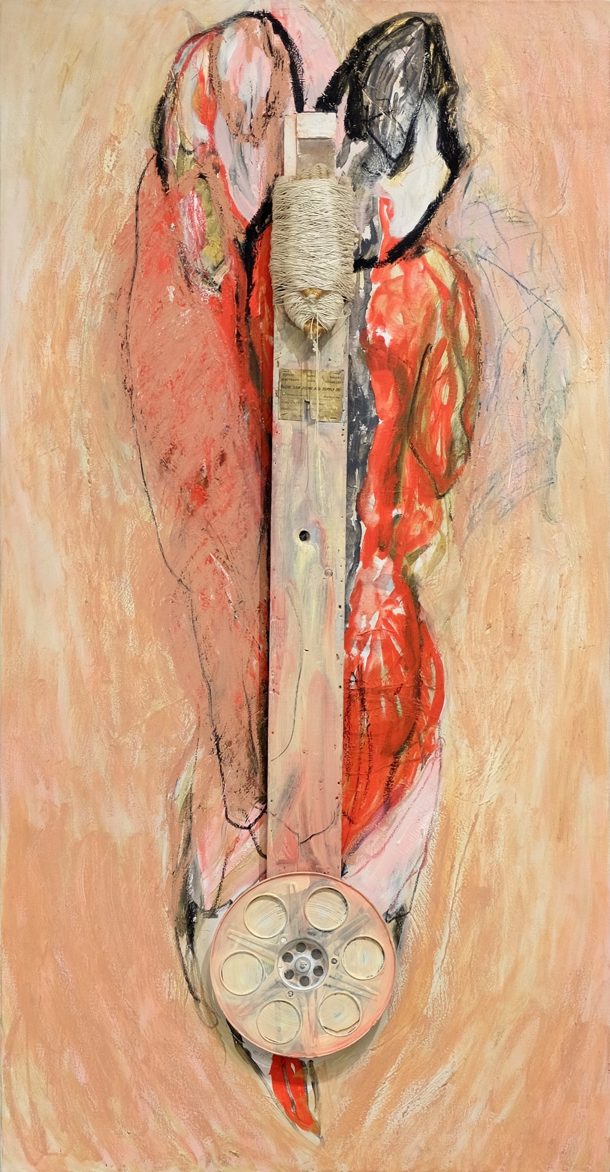 Irene F. Whittome, Circular Giving, 1990. A mop and film roll against an abstract oval shape of red and black against a pink background.