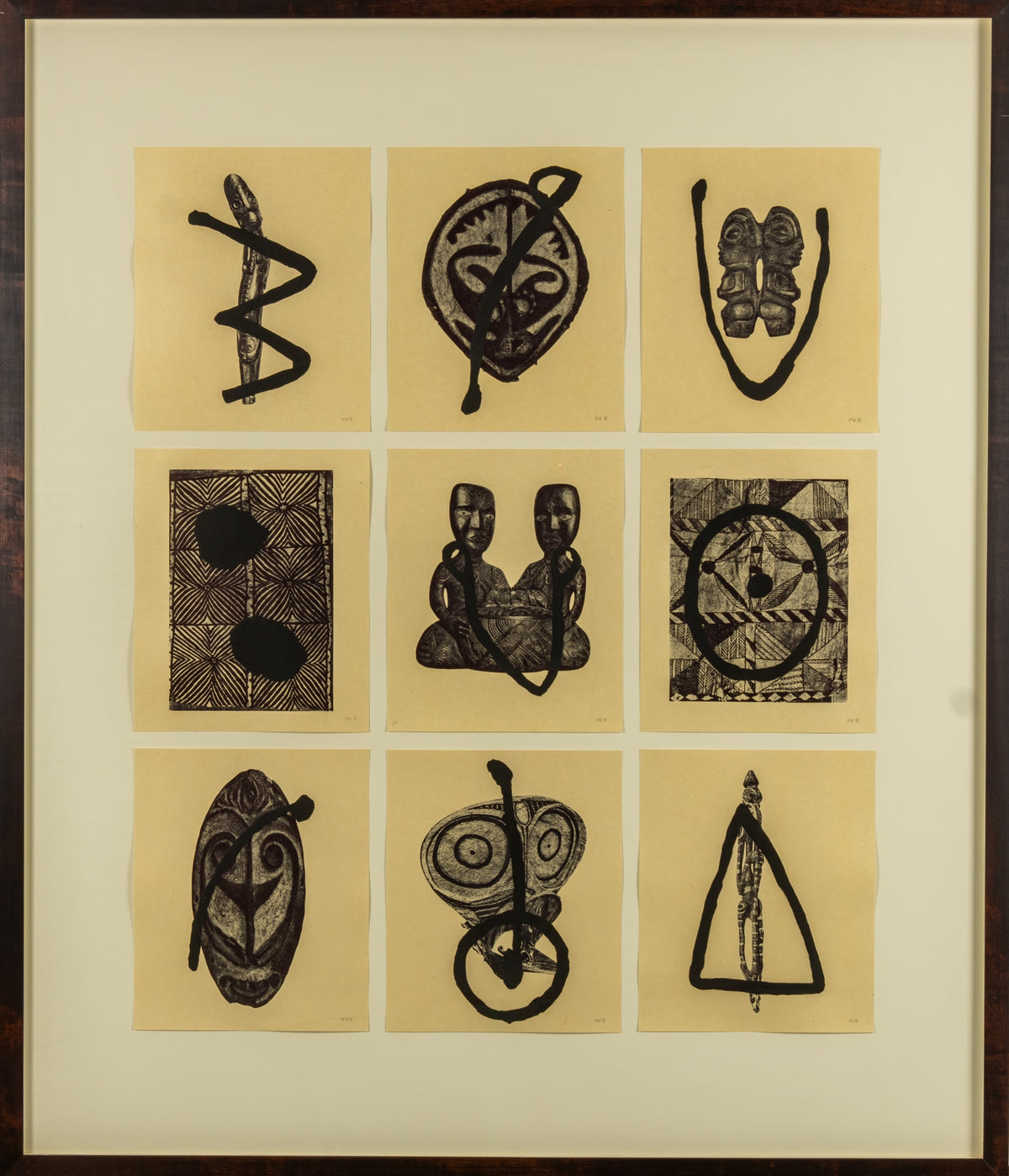 Irene F. Whittome, Oceania, 1998. A series of nine intaglio prints, each featuring a different abstract of figures and/or shapes.
