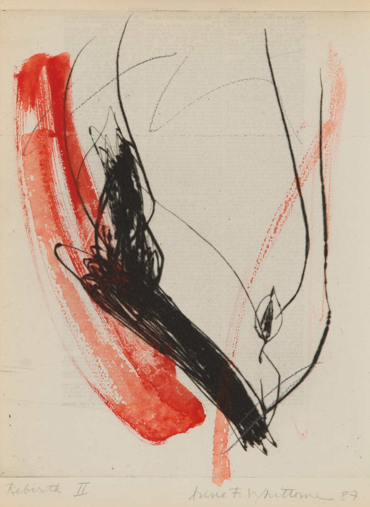 Irene F. Whittome, Rebirth II [7A], 1987. Abstract composition of two downward motions rendered in black and red.