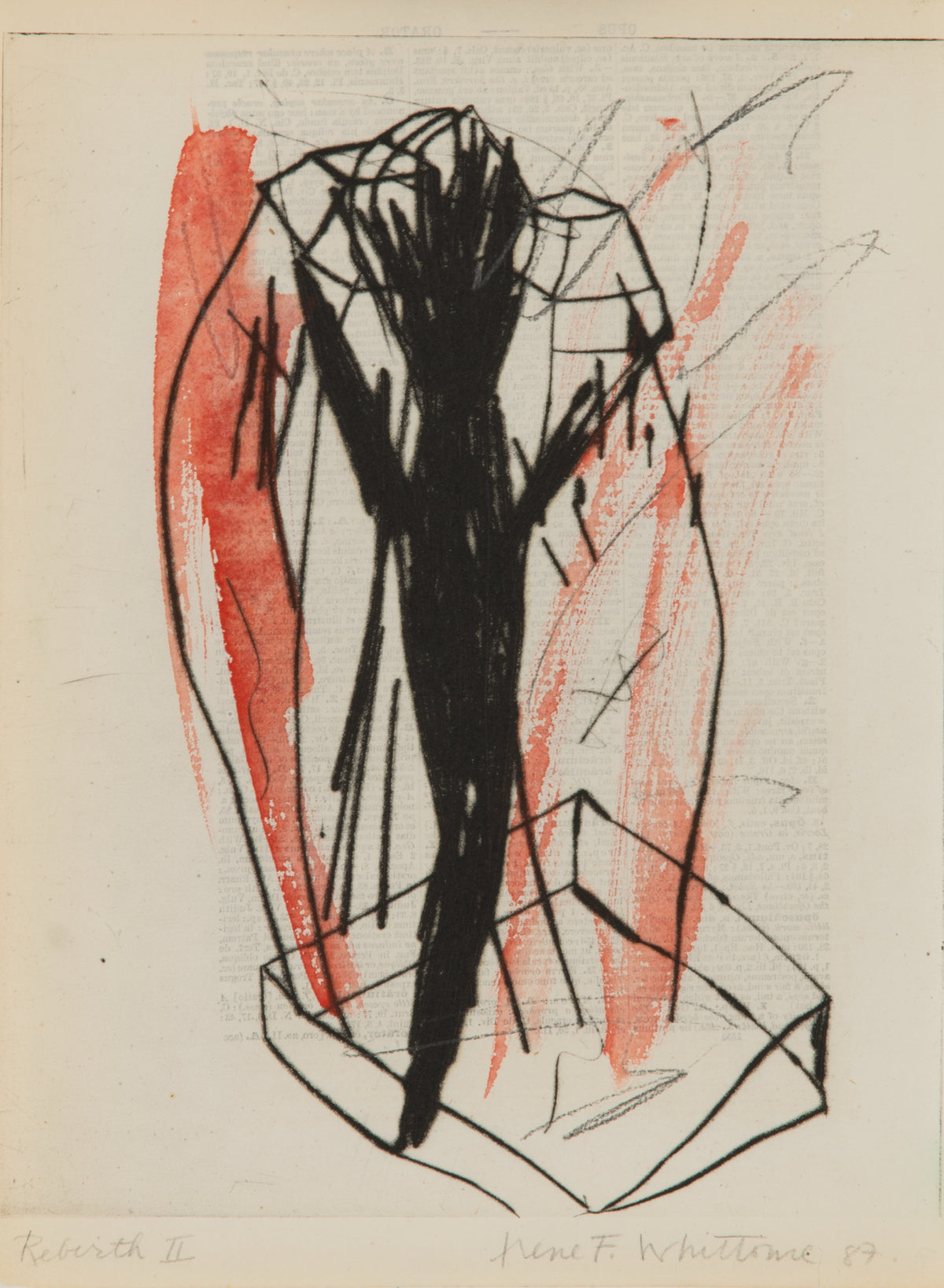 Irene F. Whittome, Rebirth II [7B], 1987. Black figure-like shape located in a rectangular shape against red streaks in the background.