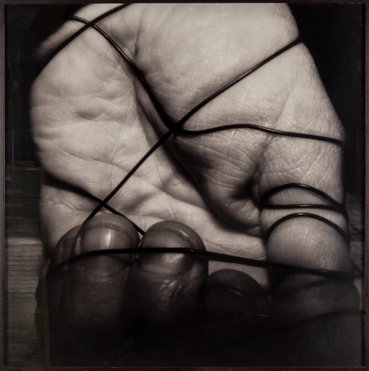 Irene F. Whittome, Self Portrait, 1976/2004. Black and white photograph of a hand with strings intertwining through the fingers.