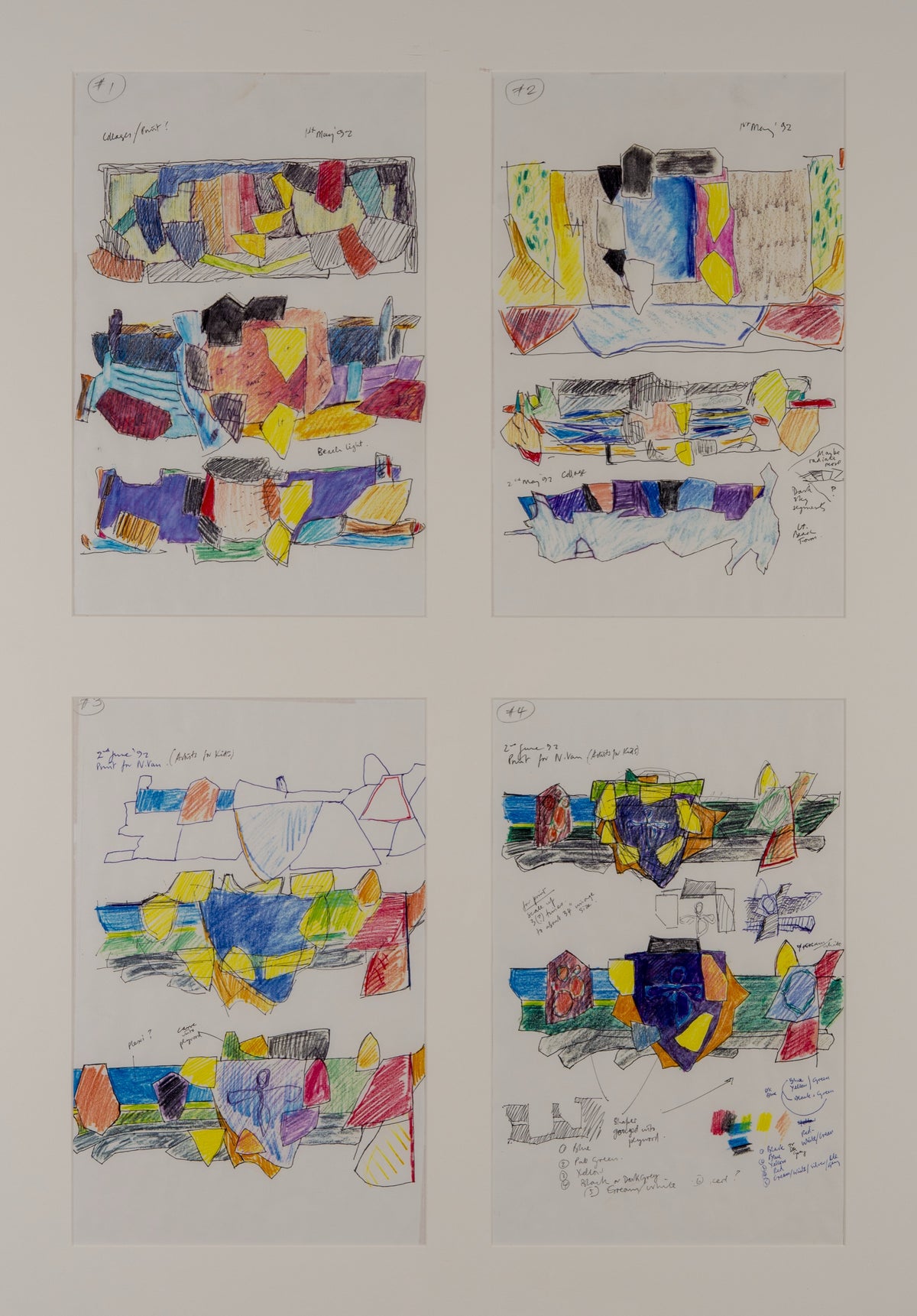 Alan Wood, Beach Walk Drawings, 1992. A series of four sketches rendered coloured pencils and ink.