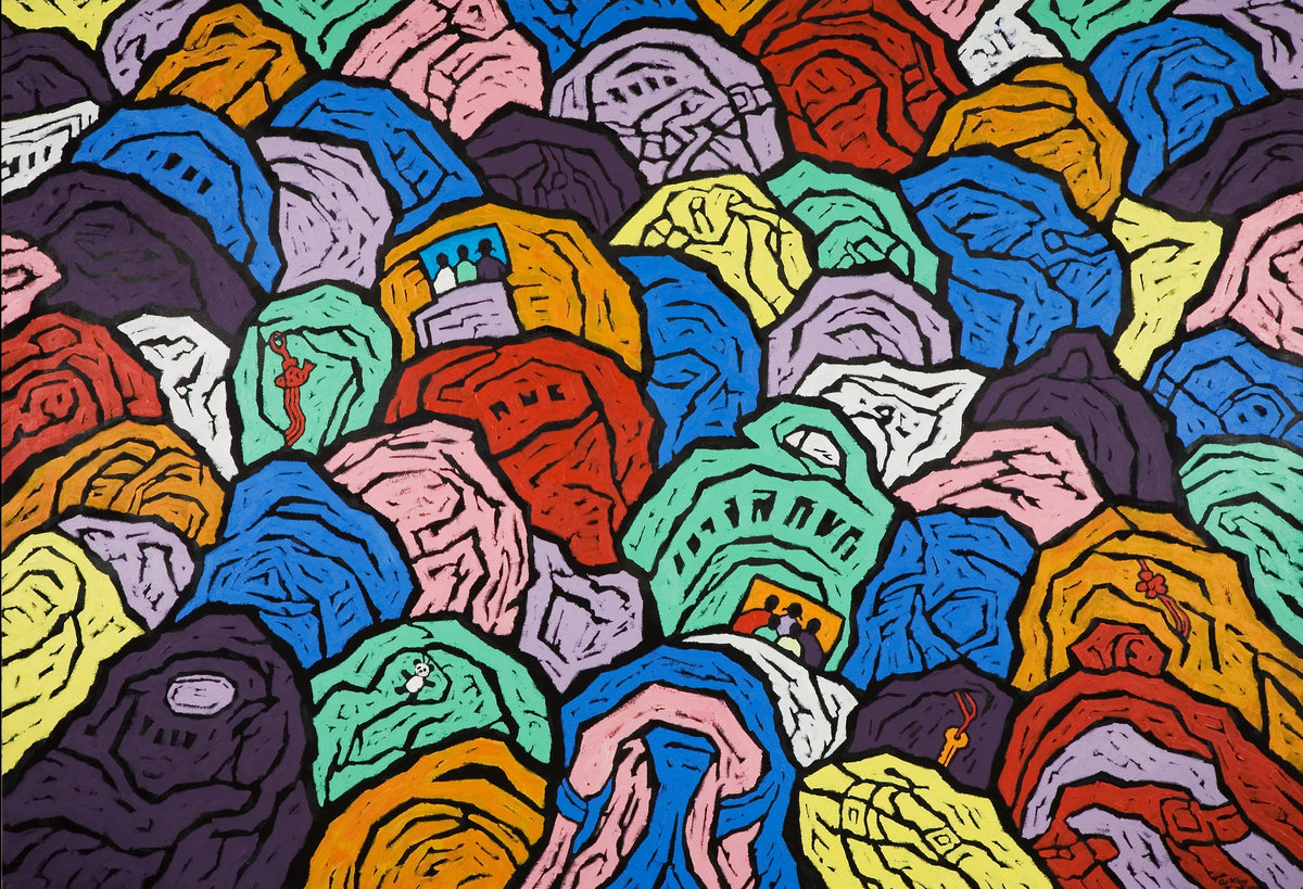 Gu Xiong, School Backpacks, 2009. Abstract shapes with varying colours with occasional small objects on them.