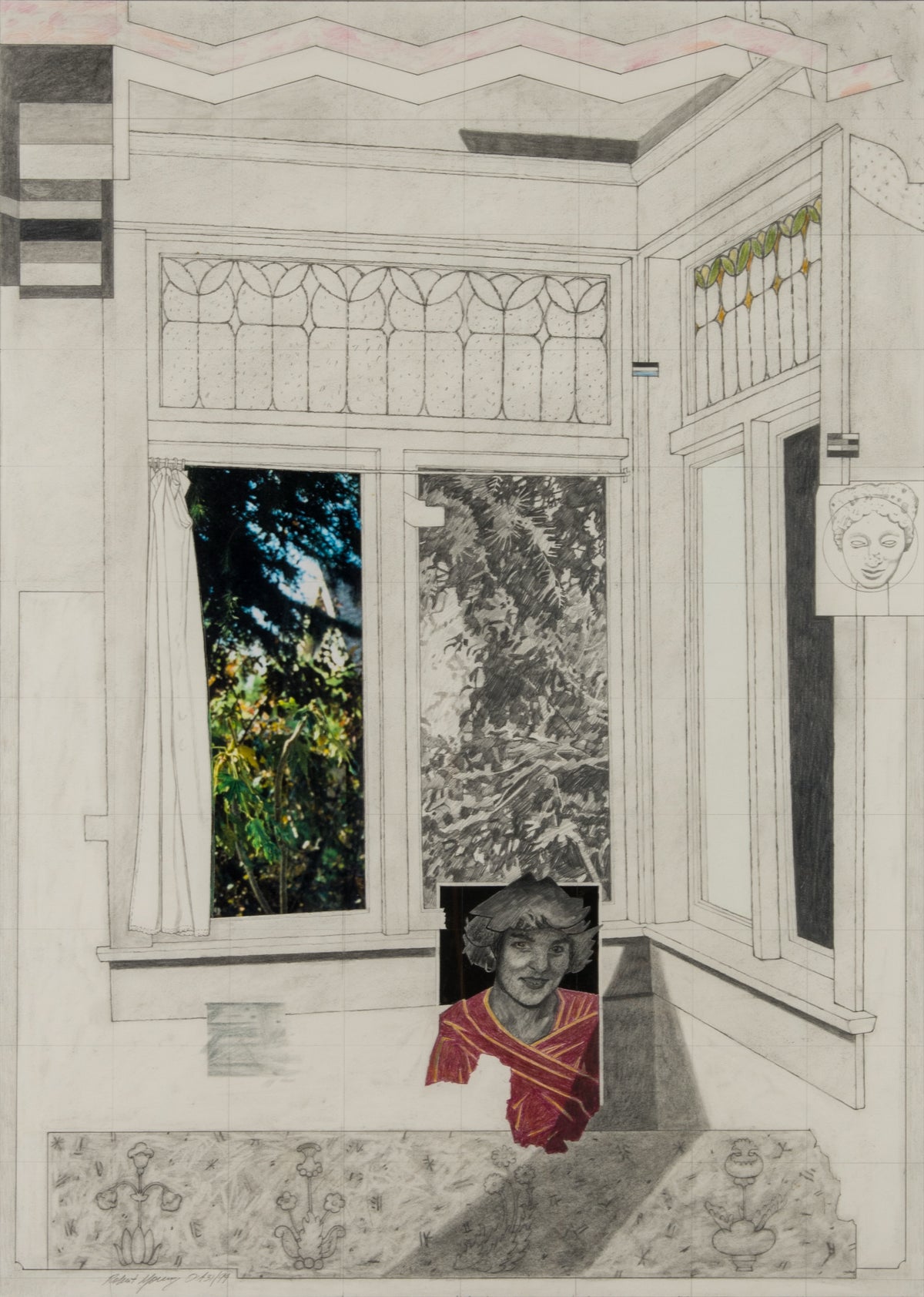 Robert Young, Study for Premonstrance: The Meadow, 1994. A sketch of Premonstrance: The Meadow, depicting construction lines of the figure in the center as well as architecture in the background.