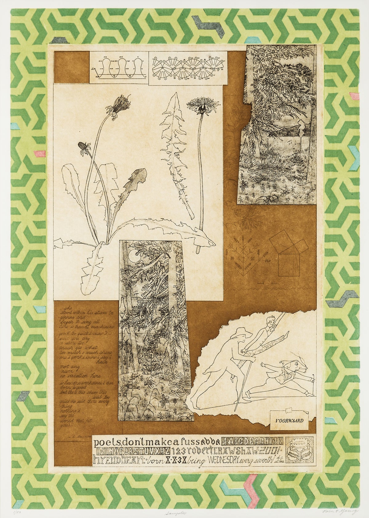 Robert Young, Sampler, 2001. Line drawings of plants (top left, center, top right), figures (bottom right) and a series of text (bottom right) against a brown background with a patterned green border.