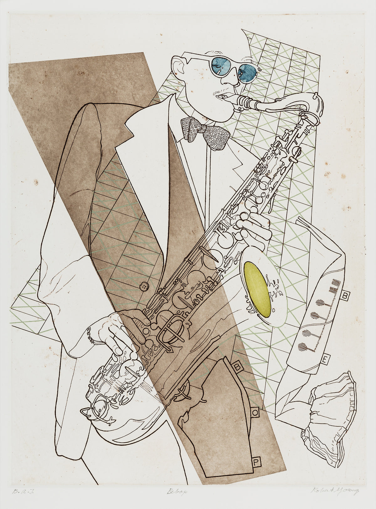 Robert Young, Bebop, 2014. A stylized line illustration of a man playing a saxophone with a graphic background and a brown diagonal bar across.