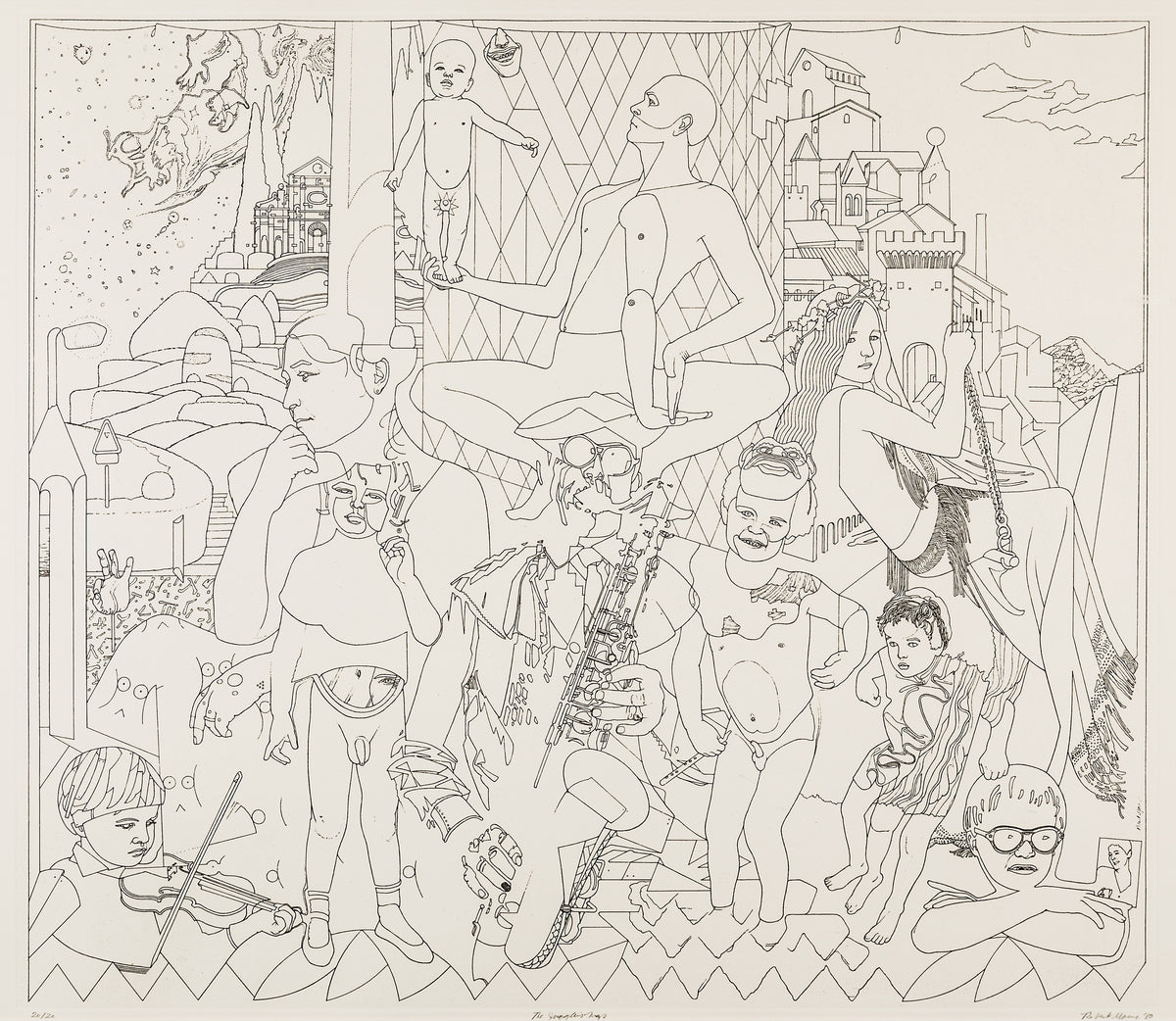 Robert Young, The Juggler's Map, 1980. A series of figures, engaging in various activities (rendered in black lines) against a mountain with architecture on it.