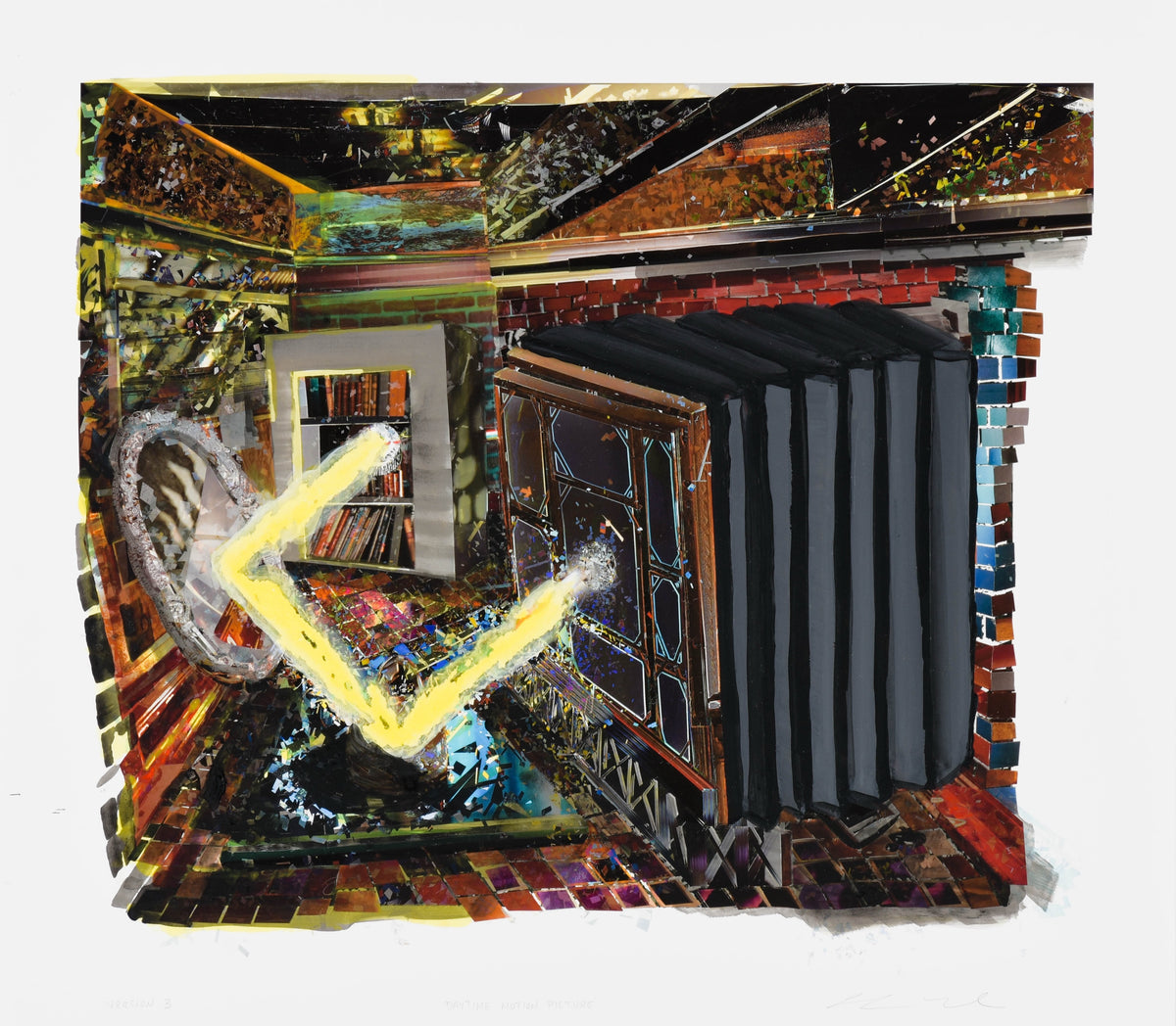 Etienne Zack, Daytime Motion Picture, 2012. Abstracted architectural-inspired composition with a yellow ray of light bouncing off of it.