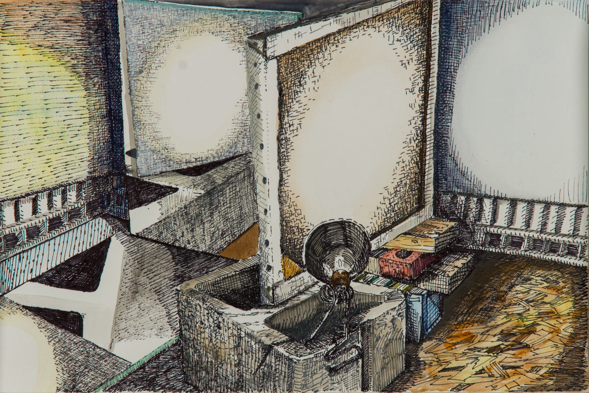 Etienne Zack, Mirror Painting, 2010. A stylized illustration of a still-life composition involving mirrors and a light source.